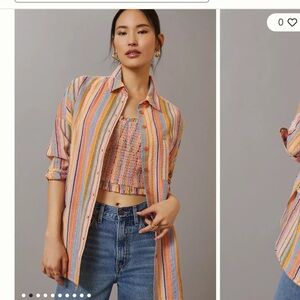 Anthropologie Pilcro Long-Sleeve Boyfriend Striped Shirt Sz S/M Cotton